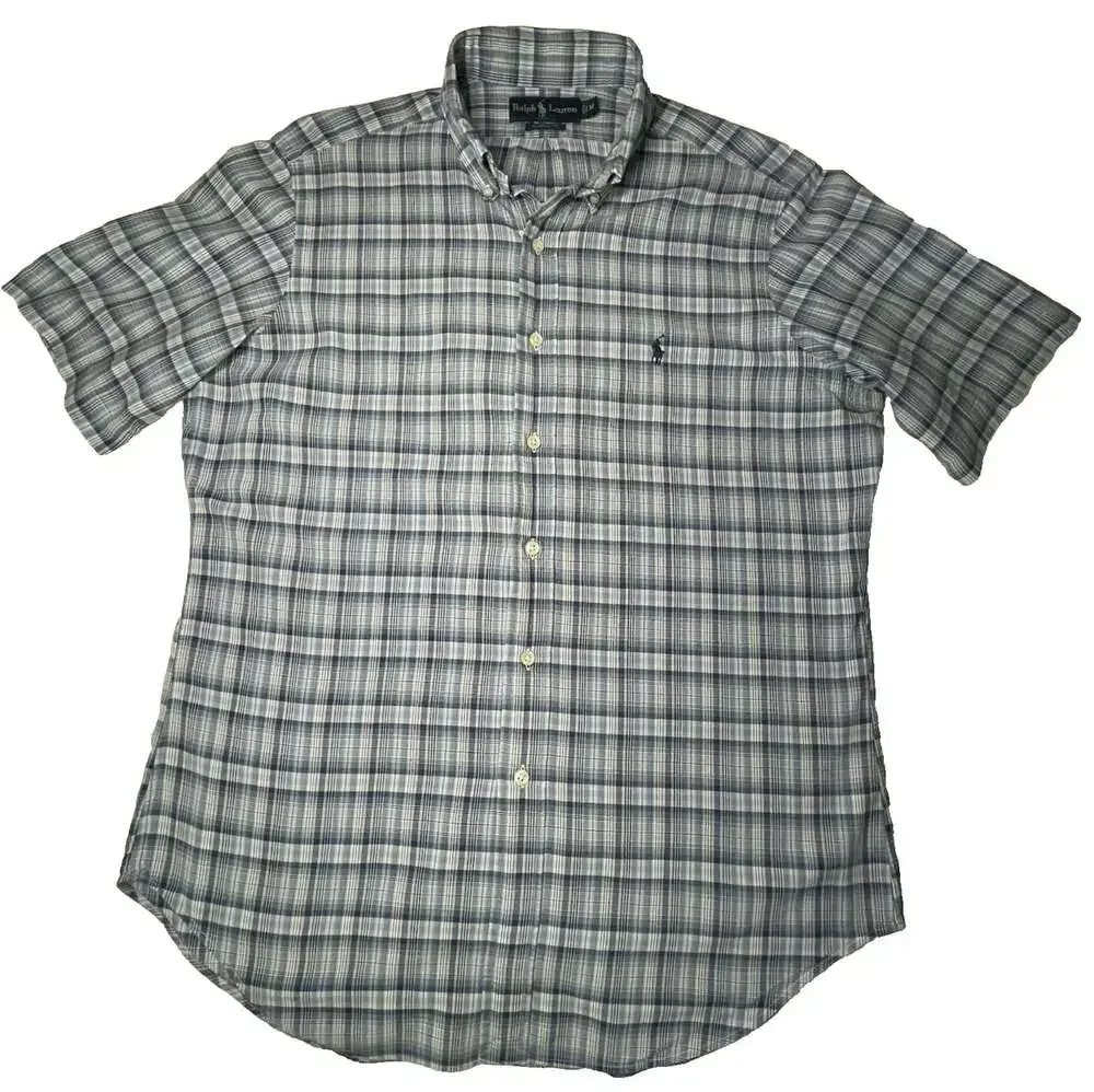 Ralph Lauren Polo Logo Classic Fit Mens M Short Sleeve Blue Plaid Button Down